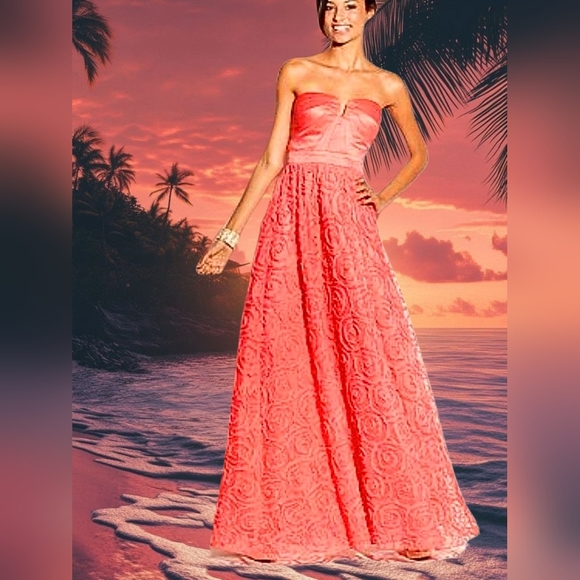 Hailey Logan By Adrianna Propell Coral Rosette Strapless Gown - Picture 1 of 14